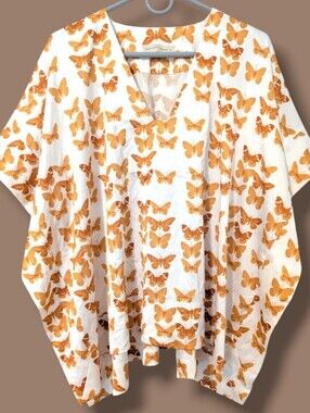 Purificacion Garcia White Orange Butterfly Satin V-Neck Flowy Kaftan Tunic Top